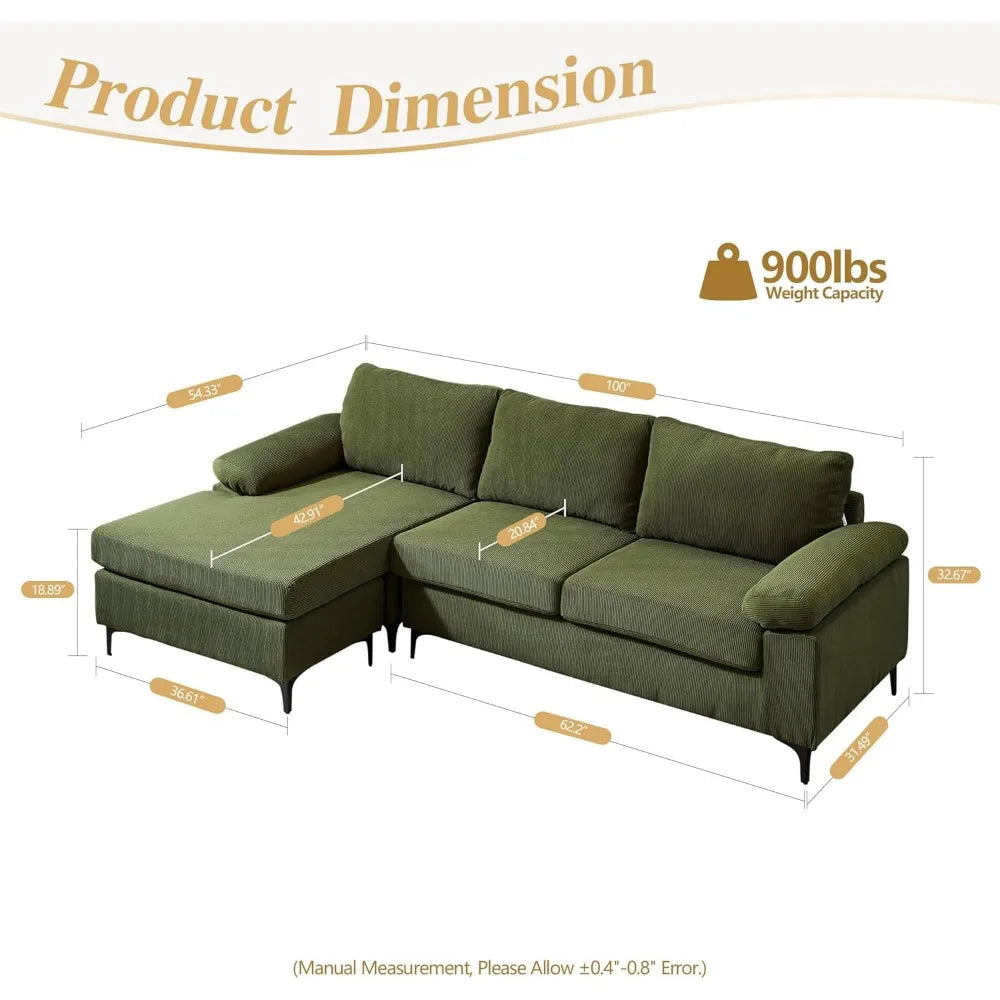 100" Corduroy Sectional Sofa Couch,L Shaped Couches for Living Room with Reversible Chaise,Comfy 3 Seat Corner Couch - The Cabin Rose 