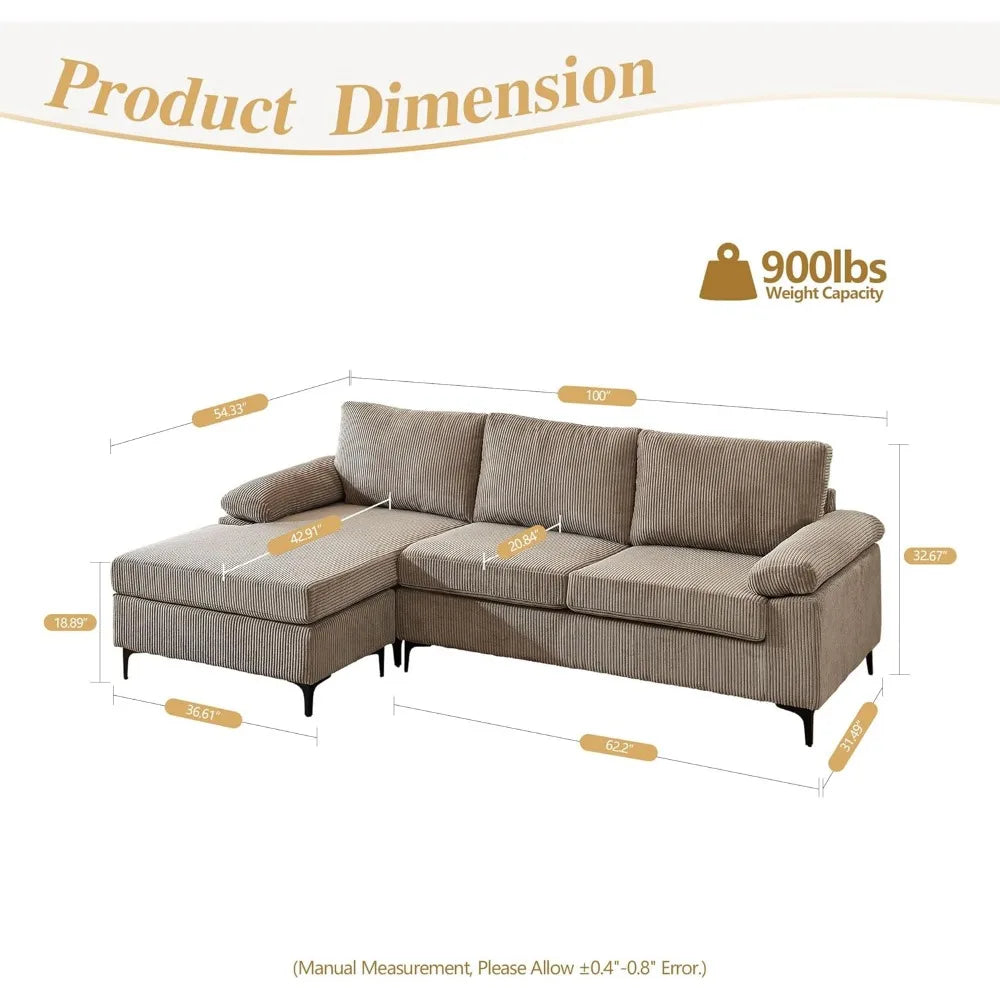 100" Corduroy Sectional Sofa Couch,L Shaped Couches for Living Room with Reversible Chaise,Comfy 3 Seat Corner Couch - The Cabin Rose 