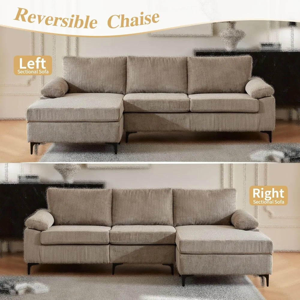 100" Corduroy Sectional Sofa Couch,L Shaped Couches for Living Room with Reversible Chaise,Comfy 3 Seat Corner Couch - The Cabin Rose 