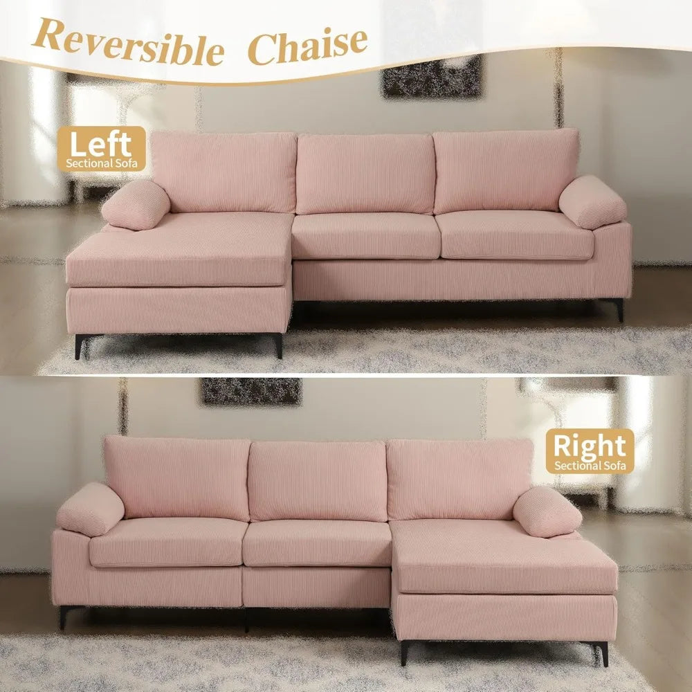 100" Corduroy Sectional Sofa Couch,L Shaped Couches for Living Room with Reversible Chaise,Comfy 3 Seat Corner Couch - The Cabin Rose 