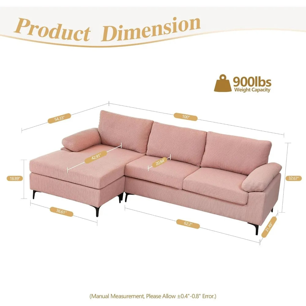 100" Corduroy Sectional Sofa Couch,L Shaped Couches for Living Room with Reversible Chaise,Comfy 3 Seat Corner Couch - The Cabin Rose 